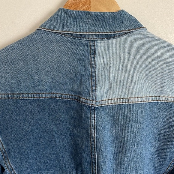 JONATHAN SIMKHAI STANDARD Mirage Patchwork Distressed Denim Blue Jean Jacket - Picture 11 of 17